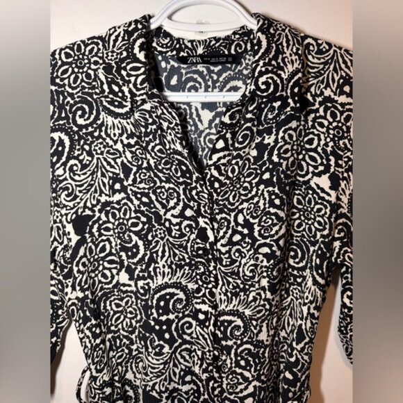 Zara Black White Shirt Midi Belted Dress size S - Picture 7 of 8